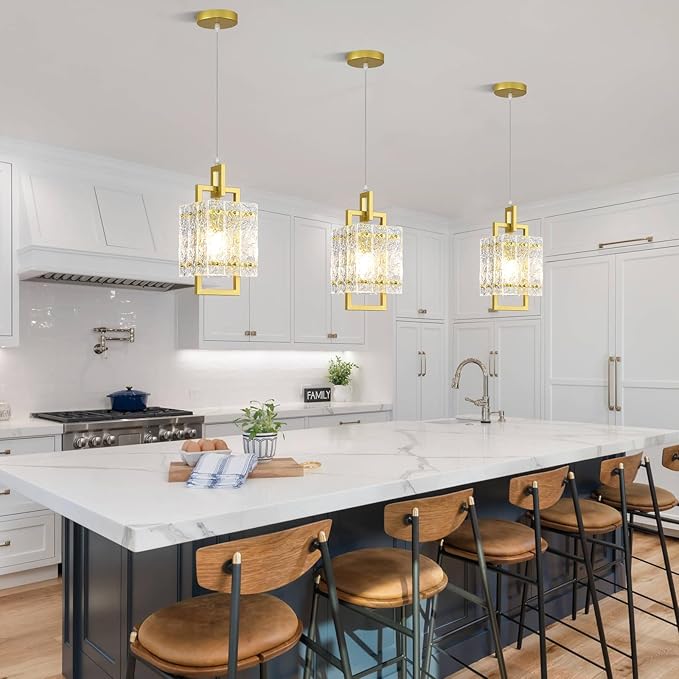 Gold Pendant Light Fixture - Modern Kitchen Island Water Ripple Glass Square Light - Adjustable Hanging Lighting for Kitchen Dining Room Over Island - 1 Pack