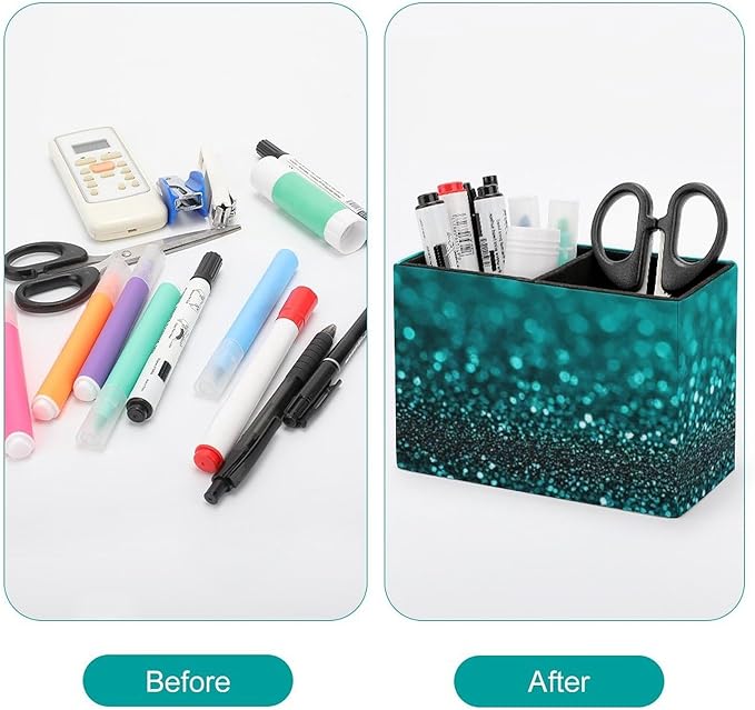 Fashion Desk Pen Holder PU Leather Desk Organize Decor, Makeup Brush Storage Teal Turquoise Green Glitter Sparkle Texture
