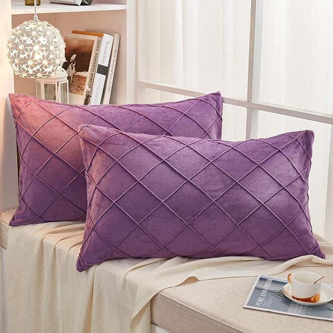 JAUXIO Diamond Pinch Pleated Crystal Velvet Pillowcases 2 Pack Solid Pintuck Throw Cushion Cover for Home Decor Hidden Zipper Closure (Purple, King)