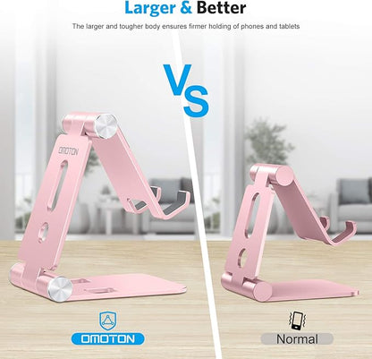 OMOTON Foldable Cell Phone Stand, C4 Portable Aluminum Phone Holder, Adjustable Phone Dock Cradle Compatible with iPhone 16/15/14/13 Pro Max, Samsung Galaxy, Small Tablets, All Smart Phones, Rose Gold