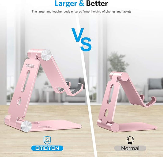 OMOTON Foldable Cell Phone Stand, C4 Portable Aluminum Phone Holder, Adjustable Phone Dock Cradle Compatible with iPhone 16/15/14/13 Pro Max, Samsung Galaxy, Small Tablets, All Smart Phones, Rose Gold