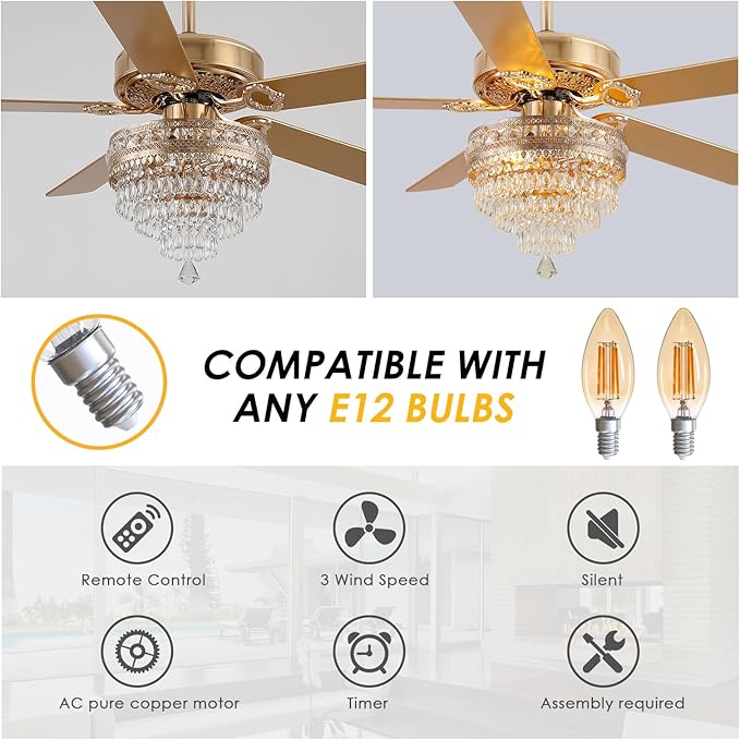 Crystal Ceiling Fan Fandelier with Lights - 52" Modern Outdoor Fans with Remote Control，Noiseless AC Motor, Retro/Farmhouse Lighting, Dining Room,Living Room (Gold