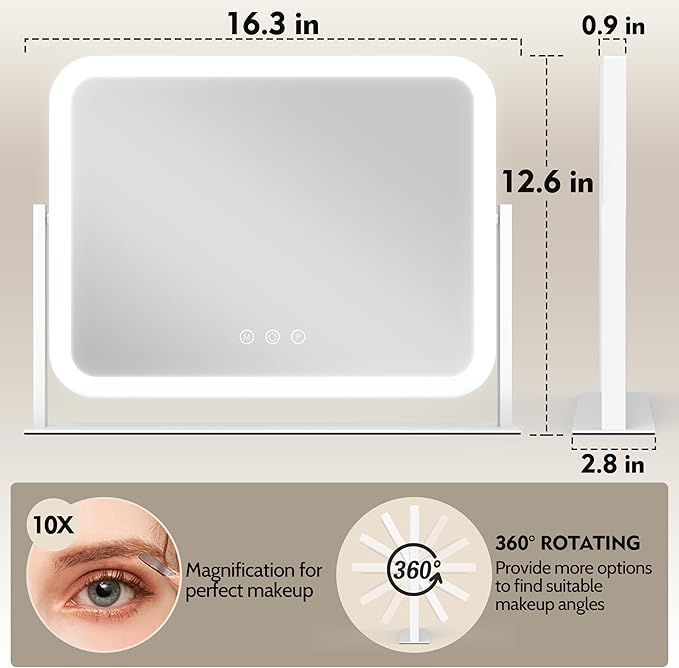 HNV 17"x13" Hollywood Vanity Mirror with Lights, Rounded Makeup Mirror with 10X Magnification, 3 Color Dimmable LED, Smart Touch Control & 360° Rotation, Shatter-Resistant Tabletop Desk Mirror (White)