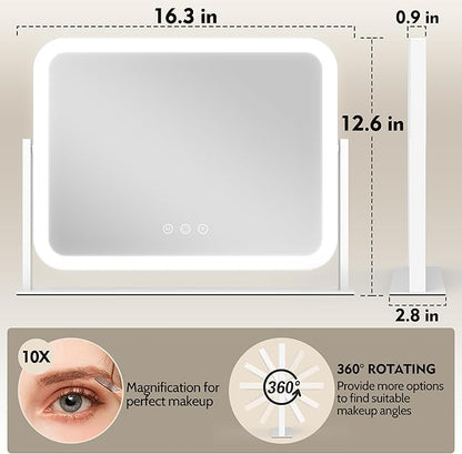 HNV 17"x13" Hollywood Vanity Mirror with Lights, Rounded Makeup Mirror with 10X Magnification, 3 Color Dimmable LED, Smart Touch Control & 360° Rotation, Shatter-Resistant Tabletop Desk Mirror (White)