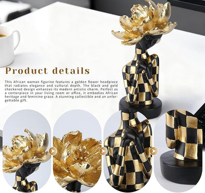 African Woman Sculpture with Golden Flower Headpiece – Black and Gold Resin Figurine for Home Decor, Elegant African Lady Statue, Modern Ethnic Art Ornament, Gift for Women