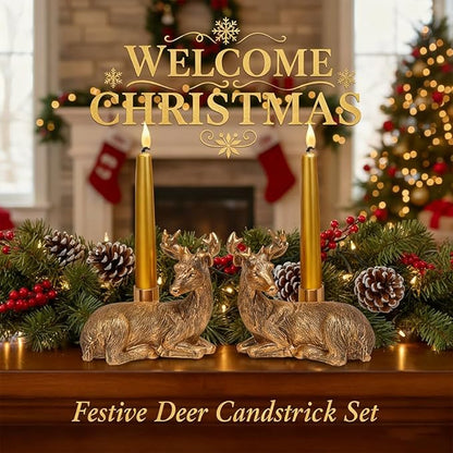 Gold Animal Candle Holders - Deer Set of 2 Vintage Rustic Pedestal Candlesticks,Holiday & Themed Decor, Easter Decorations, Centerpieces for Fireplace Mantle & Dining Table