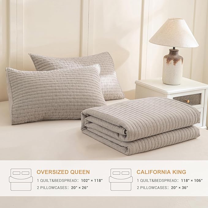 Sanracie Stonewashed Cotton Coverlet Oversized King(118"x106"), Linen Colored Ultra Soft Crinkle California King Quilt Bedding Set Lightweight Cross Stitch Bedspread Set 3Pcs for All Season