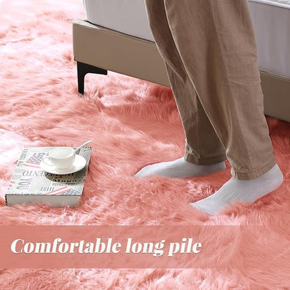 Pink Faux Sheepskin Fluffy Fur Rugs for Bedroom Machine Washable Fuzzy Area Rugs for Living Room Runner Rugs for Hallway 2x6