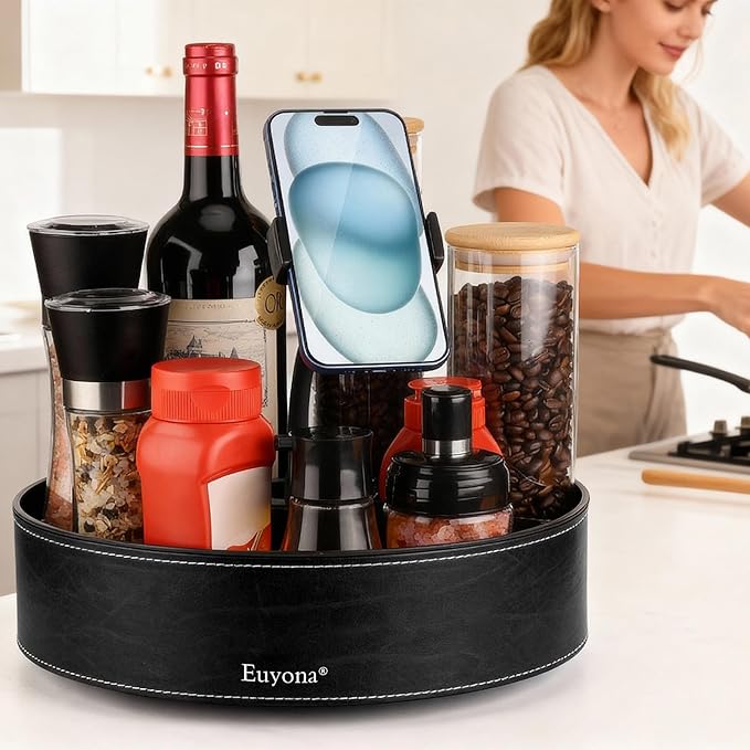11.4 Inch Lazy Susan Turntable Organizer - 6 Removable Compartments with Phone Holder, 360° Rotating for Cabinet/Counter/Table. Spacious Storage for Food, Spices, Cosmetics & More. (Black)