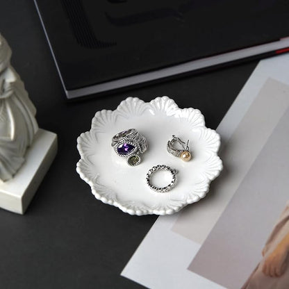 Ceramic Jewelry Dish, Decorative Tray for Rings Earrings Necklaces Bracelet Watch Keys, 4.50" Trinket Tray as Gifts for Women (White Shell)