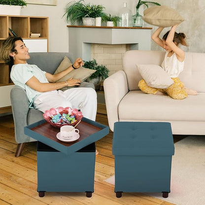 Storage Ottoman, Ottoman with Storage for Living Room Ottoman Square Tray Bedroom Cube Foot Rest Stool with Legs Small Ottomans Coffee Table Lid Foldable Footstool Faxu Leather 15"