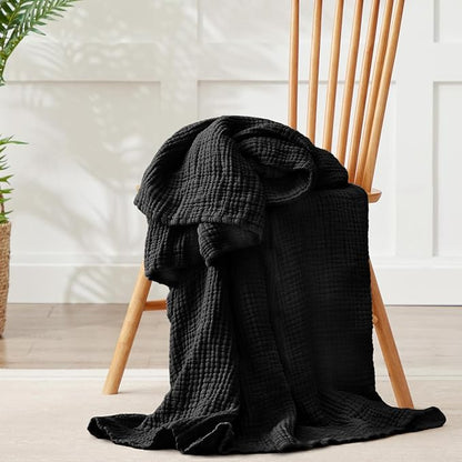 100% Cotton Muslin Blanket King 108" x 90", 6 Layers Breathable and Lightweight Cotton Throw Blankets for Bed, Soft Cooling Summer Gauze Blanket for Adults All Season, Black