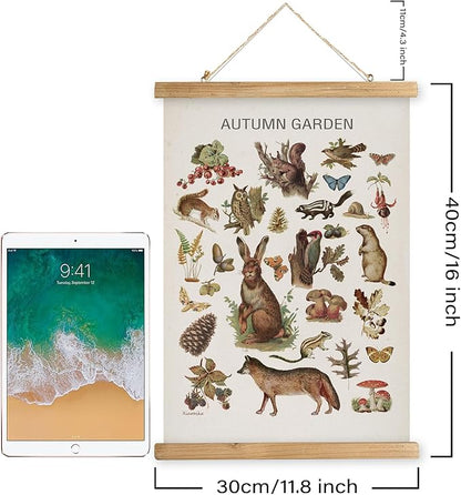 XIAOAIKA Autumn Garden Wildlife Poster - Vintage Illustrated Seasonal Fauna and Flora Chart with Wooden Frame - Educational Wall Art for Home, Classroom, or Nature Enthusiast 12 x 16 Inches
