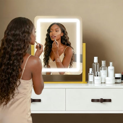 HNV 15"x13" Gold Vanity Mirror with Lights, Small LED Makeup Mirror for Desk, 3 Color Modes & Dimmable Touch Control, 360° Rotation Metal Frame, USB Plug-in Lighted Mirror for Bedroom, Dorm, Teen Gift