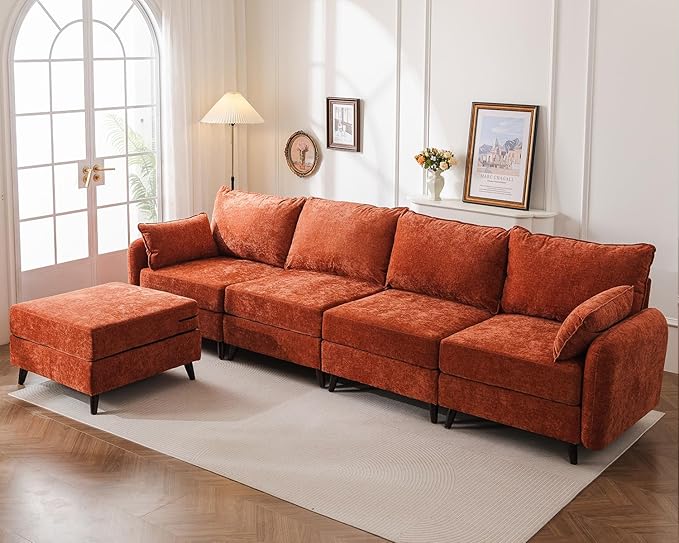135'' Modular Sectional Sofa with Seats Storage, Oversized L Shaped Couch with Deep Seat,4-Seater Comfy Cloud Couches for Living Room,Movable Ottoman,2 Throw Pillow,Chenille,Orange