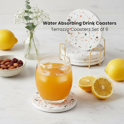 Terrazzo Drink Absorbent Coasters with Holder Set of 6, Ceramic Coaster for Drinks, Coffee Table Decor, Water Absorbing Stone Coaster for Drinks (Marble)