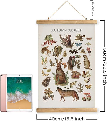 XIAOAIKA Autumn Garden Wildlife Poster - Vintage Illustrated Seasonal Fauna and Flora Chart with Wooden Frame - Educational Wall Art for Home, Classroom, or Nature Enthusiast 16 x 23 Inches