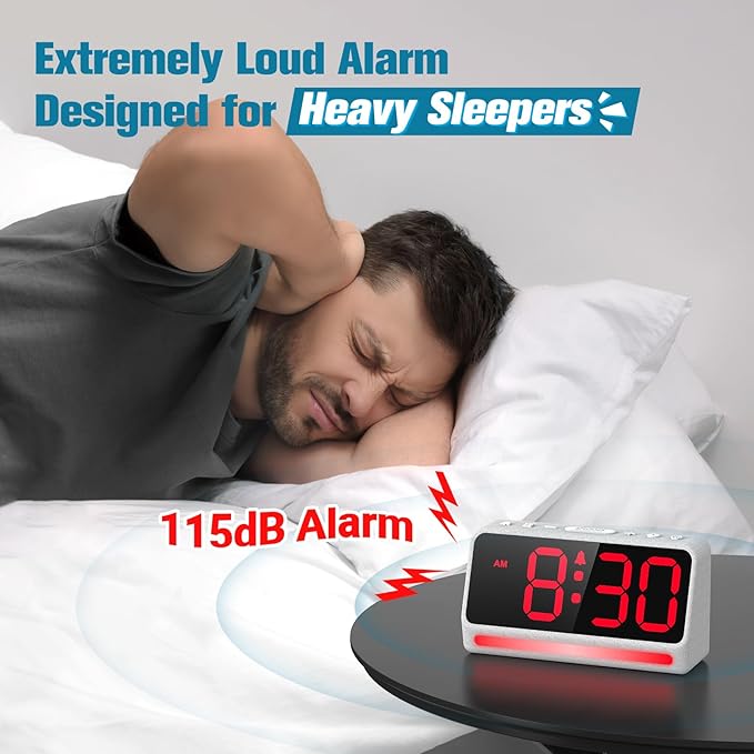 REACHER Extra Loud Alarm Clock for Heavy Sleepers Adults, 5 Extremely Loud Wake Up Sounds, Kids Alarm Clock for Teens, Boys, Bedrooms, LED Digital Display, 7 Color Night Light,Dimmer,Bedside
