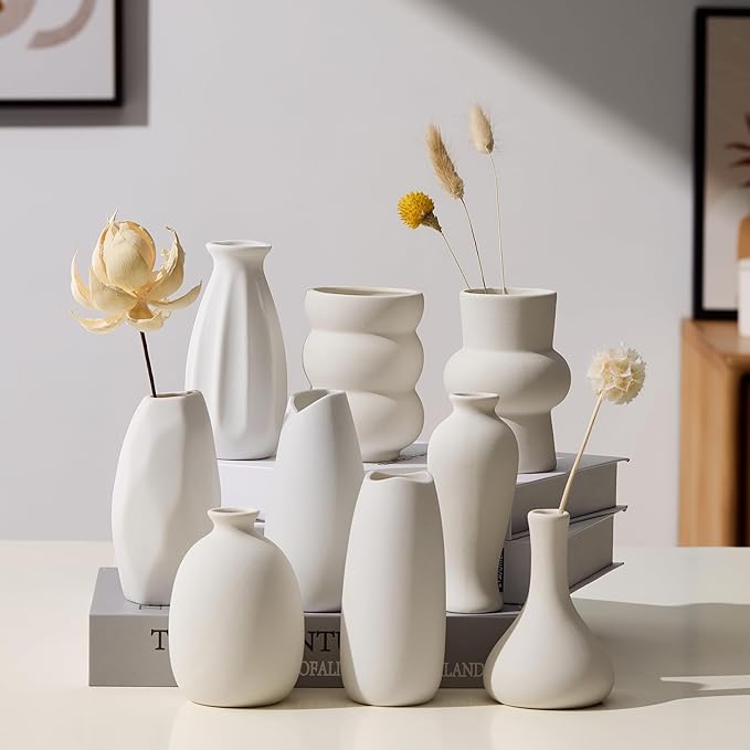Set of 9 Ceramic Bud Vases for Pampas Grass Flowers, Small Vases in Bulk for Centerpieces Boho Vases for Wedding Decorations Neutral Living Room and Bedroom Decor DIY Gift (White-3)