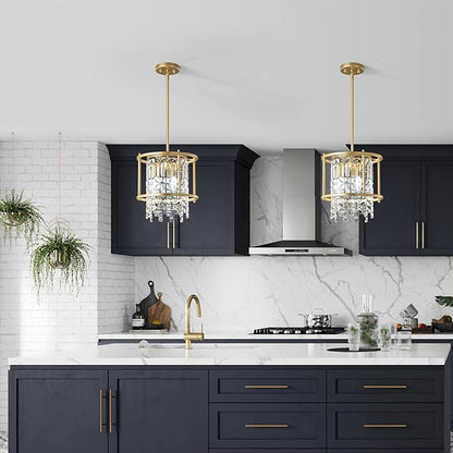 LMQNINE Modern Foyer Chandelier, Gold Crystal Chandelier Entryway Pendant Light Fixture, Round Adjustable Height Chandeliers for Kitchen Island, L11.81'' x H7.87''