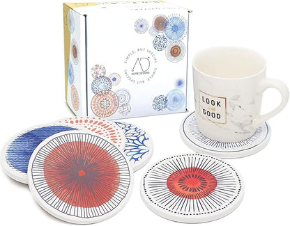 AD Set of 6 Coasters for Drinks Absorbing Round Ceramic Stone Coaster with Cork Base Tabletop Protection Mat for Mugs and Cups,Office,Kitchen (Colorful 2)