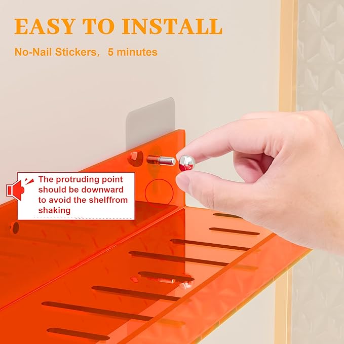 6 Pack Floating Shelves –15'' Orange Acrylic/PET Wall-Mounted No Drill Storage with Adhesive, Bathroom & Bedroom Shelving for Kitchen, Living Room, Home Decor