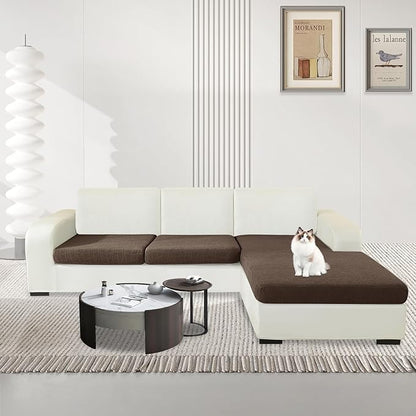 MAXIJIN Waterproof 3 Pieces Couch Cushion Covers for Sectional Sofa Seat Slipcover Stretch Sectional Couch Cover for L Shape Left/Right Chaise with Elastic Bottom (2 Seater + 1 Chaise, Light Coffee)