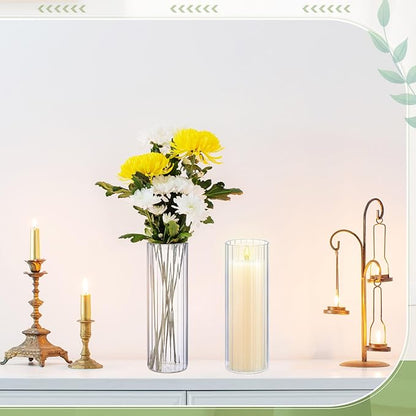2 Pcs 12 Inch Tall Glass Ribbed Cylinder Vases Clear Floating Candle Flower Vase in Bulk, Hurricane Candle Holder for Wedding Housewarming Gift Table Centerpieces