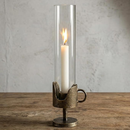 Handcrafted Cast Iron Base Hurricane Candle Holder with Glass Shade - Elegant Vintage Candle Stand for Taper Candles - Perfect for Living Room, Dining Room, and Home Décor 14“ High