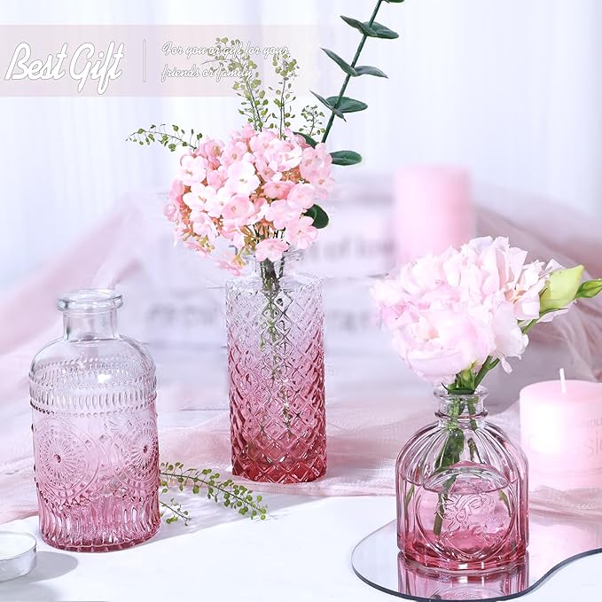 Pink Day Glass Bud Vase Set of 5, Small Flower Vases for Centerpieces in Bulk, Mini Vintage Vase for Wedding Decor, Single Flowers, and Home Table Décor