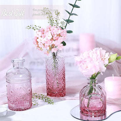 Pink Day Glass Bud Vase Set of 5, Small Flower Vases for Centerpieces in Bulk, Mini Vintage Vase for Wedding Decor, Single Flowers, and Home Table Décor