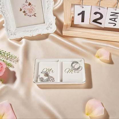 Personalized Mr and Mrs Ring Dish, Custom Ceramic Jewelry Dish, Holder Ring Holder for Wedding, Engagement, Anniversary, or Valentine’s Day Gift, Engrave Names, Dates, or Special Messages