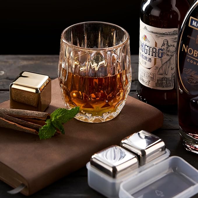 2 Large Whiskey Stones 64 cm³ (4 cu in) - Man Gift Set - Reusable Stainless Steel Metal Ice Sphere Cubes Beverage Chilling Rocks Whiskey Stones for Red Wine, Bar Beer, Scotch, Vodka Drinks - Silver