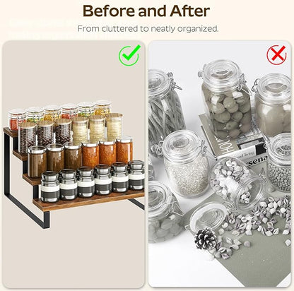 Spice Rack, 4 Tier Wooden Display Riser Stand, Kitchen Storage Organizer for Spices, Versatile Display Shelf, Space Saving, for Kitchen Countertop and Cabinet, Rustic Brown SR04L2BR