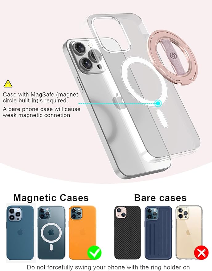 EWA MagOne 3rd Gen [Compatible with MagSafe] Phone Grip Stand with Finger Strap, Removable Magnetic Ring Holder Kickstand Loop for iPhone 17,16,15,14,13,12 Series (Pink)