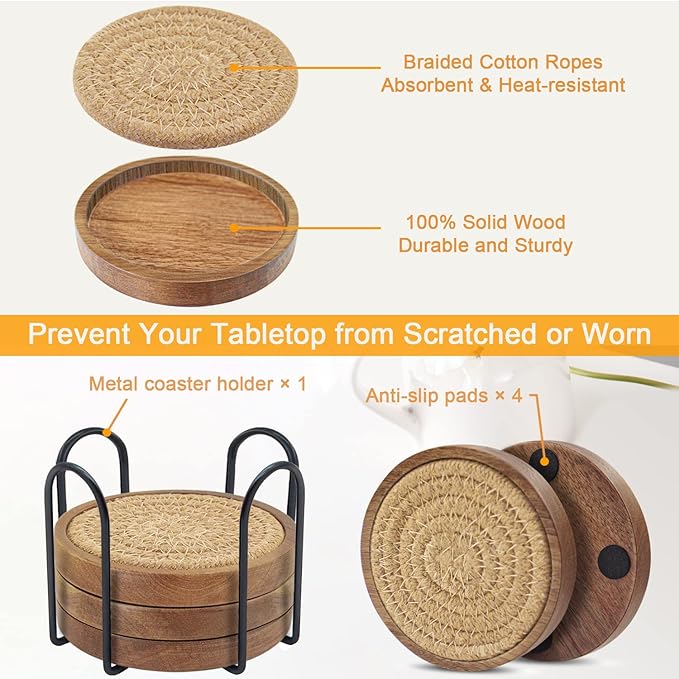 Coasters for Drinks Absorbent Sets of 5, Woven Coasters with Holder, Housewarming Gift for Farmhouse Home Decor, 4 inches