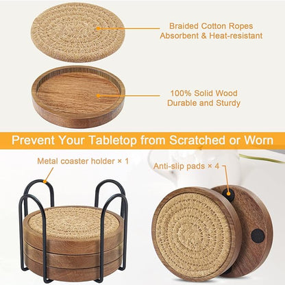 Coasters for Drinks Absorbent Sets of 5, Woven Coasters with Holder, Housewarming Gift for Farmhouse Home Decor, 4 inches