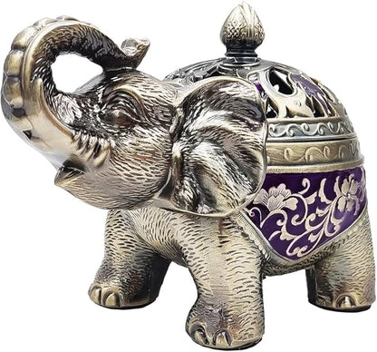 Hourwof Metal Elephant Incense Holder,Vintage Cone Coil Incense Burner with Lid,Ash Catcher,Aromatherapy Ornament Home Office Decor (Purple)