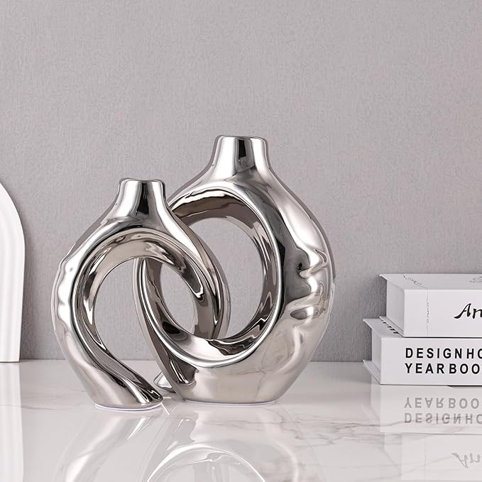 LCCCK Gold Ceramic Vases for Home Decor, Boho Vase for Flowers Pampas Grass Decorative, Hollow Donut Small Vase for Living Room Table Wedding Centerpiece Modern Vases (Silver)