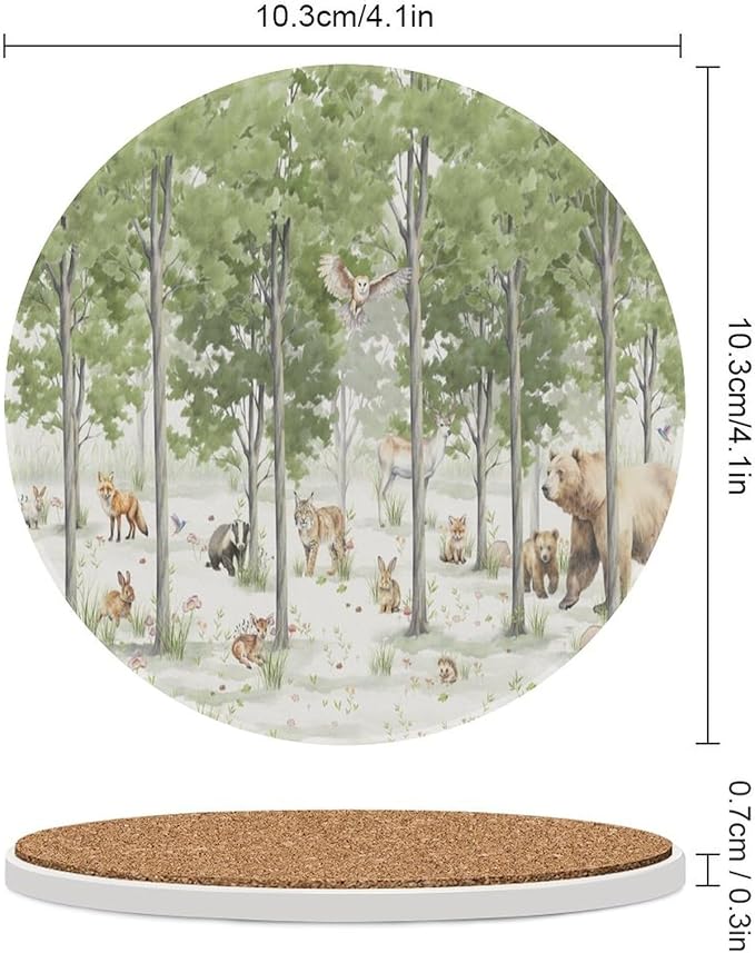 Round-4PCS Forest Drink Coasters, Round Modern Ceramic Absorbent Coasters, Cartoon Forest Nature Animal Bear, Deer, Fox, Rabbit Style Decor Desk Coffee Table Coaster for Beverage Cup Tea Coasters