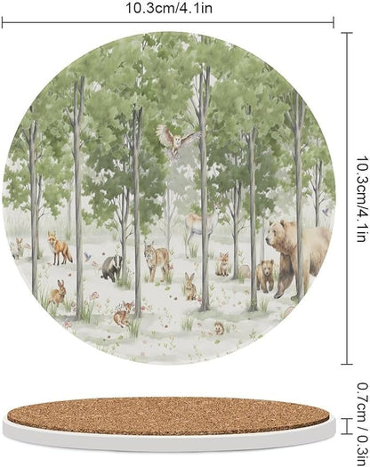Round-4PCS Forest Drink Coasters, Round Modern Ceramic Absorbent Coasters, Cartoon Forest Nature Animal Bear, Deer, Fox, Rabbit Style Decor Desk Coffee Table Coaster for Beverage Cup Tea Coasters