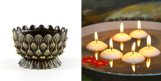 Lotus Flower Votive Tealight Candle Holder,Copper Buddhist Candlestick Holder,Tibetan Buddhist Water Offering Cup,Oil Lamp Holder for Meditation Buddha Altar with 4PCS Floating Canldes (Bronze)