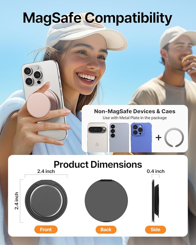 Sinjimoru for MagSafe Phone Grip — 3000G Magnetic Hold, Soft Silicone Comfort, Metal Plate Included, iPhone 17/16/15/14/13, M-Tap Tok Ring Stand Space Gray