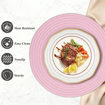 Round Placemats Set of 6, Cotton Rope Woven Table Mats, Hot Pads for Kitchen, Non Slip Heat Resistant Place Mats, 13 Inches Braided Placemat for Farmhouse Decor and Kitchen Table Decor (Pink)