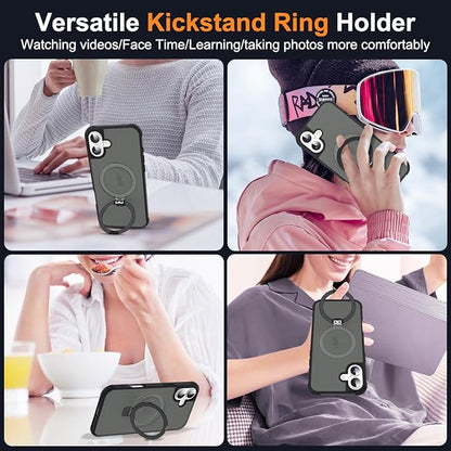 Compatible with iPhone 16 Plus Case with Invisible Magnetic O-Ring Stand Military-Grade Translucent Case for iPhone 16 Plus 6.7" [Compatible with Mag-Safe][Great Grip Feeling], Black