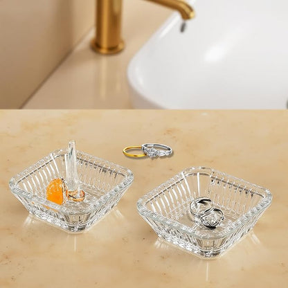 Clear Crystal Ring Holder Set of 2 Glass Jewelry Ring Dish Tray Decor for Engagement Wedding Party Gifts