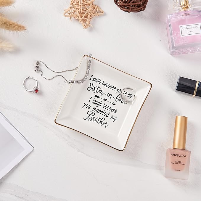 Sister in Law Gifts Ring Dish- I Smiled Because You're My Sister in Law Jewelry Dish Tray Trinket Dish, Birthday Gifts for Sister in Law Wedding Christmas Valentines Mother's Day Gift, White