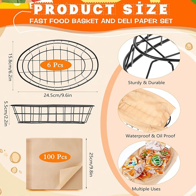 Tobeelec 6 Pcs Modern Elegant Black Oval Metal Wire Bread Basket, 9.6 x 6.2 x 2.2 Inch, Reusable, Durable & Rust-Resistant, Ideal for Bread, Pizza & More