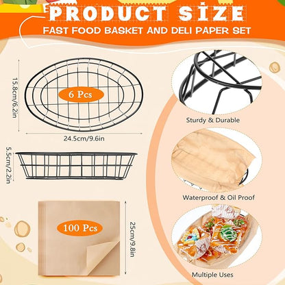 Tobeelec 6 Pcs Modern Elegant Black Oval Metal Wire Bread Basket, 9.6 x 6.2 x 2.2 Inch, Reusable, Durable & Rust-Resistant, Ideal for Bread, Pizza & More
