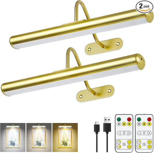 2Pack-Picture Light for Wall Artwork Rechargeable 5000mAh Painting Light with Controller, WARM/NATURE/COOL Colors,Dimmable 400LM Full Metal Wall Sconces Lamp Led for Picture Portrait Gallery-Gold